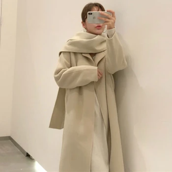 2020 Femei de Iarna Bej Lăptos Elegant de Epocă Lung de Cașmir Haina de Lână Cardigan Palton Liber Jacheta cu Gluga