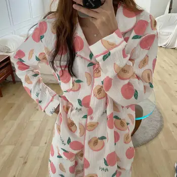 Alien Kitty Dulce Casual Coreean Toamna Liber Maneca Lunga Pantaloni De Moda 2020 Doamnelor Uzura Acasă Piersic Tipărite Fructe Set De Pijama