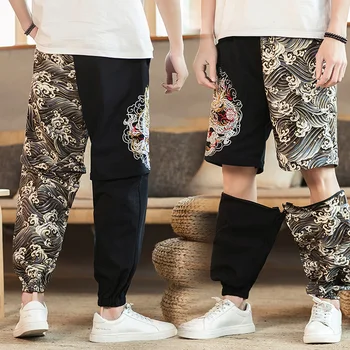 Barbati pantaloni de moda jogging casual barbati stil Chinezesc brodate pantaloni pantaloni drepte bărbați detașabil pantaloni scurți Kaki 5XL