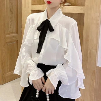 Bluza Femei Arc Solid Guler De Turn-Down Moda Femei Top Office Lady Haine Coreene Noi Flare Sleeve Shirt Toamna Iarna 2020