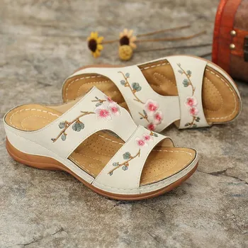 Brodate florale papuci Femei Sandale Plate Pană Călcâi Doamnelor Diapozitive Confortabil Acasă Plaja de Alunecare Pe Pantofi pentru Femeie Papuci de casă#0716