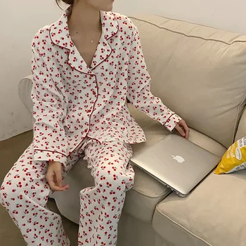 Bumbac moale, confortabil femei pijama set primavara toamna cherry haine de acasă 2 bucata set vrac casual pijamale costum Y254