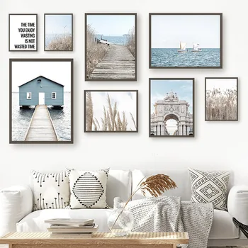 Cu Barca Pe Mare Pod De Plante Reed Franceză Ușa Nordică Postere Si Printuri De Arta De Perete Panza Pictura Pe Perete Imagini Pentru Living Decorul Camerei