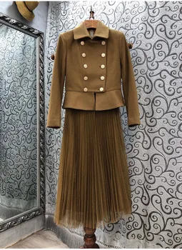 De Înaltă Calitate De Designer De Îmbrăcăminte Seturi 2020 Toamna Lână De Iarnă Pentru Femei Costum De Aur Butonul Haină De Lână Sacou+Polka Dot Mesh Fusta Set