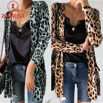 Femei De Moda De Primavara Toamna Jachete Subtiri Pckets Decor V-Neck Maneca Lunga Leopard Print Slim Subțire Cardgian Haină Lungă
