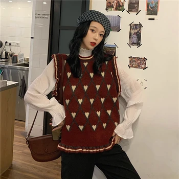 Femei Pulover Vesta 2020 Coreeană Stil Vintage Inimile Model Volane Tricotate Pulover Fără Mâneci Topuri Vesta Tricotaje T485
