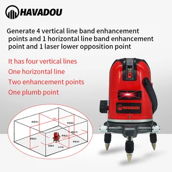 HAVADOU 5 Linii 6Points Roșu Nivele cu Laser 360°Nivelare Auto Ajustare Vertical si Orizontal Rotativ LD 635nm Vizibilitate