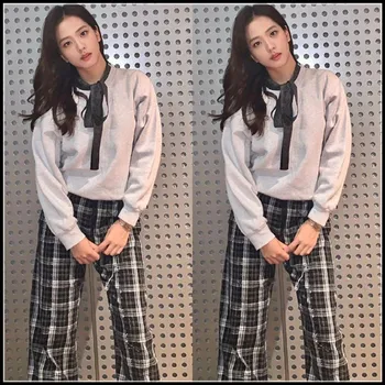 Kpop-coreean Celebritate fel noi femeile de moda Gri rotund gat hanorace și negru Retro cu talie înaltă carouri pantaloni lungi set de Două piese