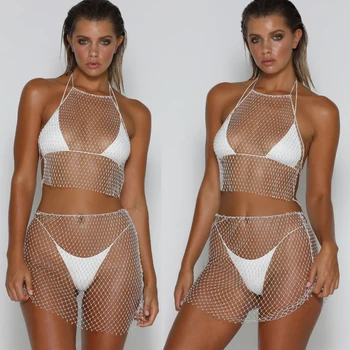 Moda Paiete De Diamante 2019 Fishnet 2 Bucata Set Sexy Femei Culturilor Sus + Bandaj Fuste Femei Cârpă De Vară Pot Fi Vândute Separat