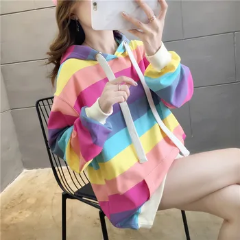 Moda rainbow Tricou Femei hoodies Femei Casual cu Glugă Pulovere Fete Maneca Lunga Primavara Toamna Iarna cu Dungi Plus Dimensiune