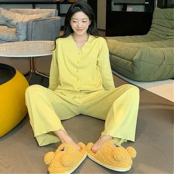 Pijama Seturi Pentru Femei Toamna Solid V-Neck Maneca Lunga Feminino Sleepwear Student De Agrement Stil Japonez Simplu Acasă Vrac Noi Chic