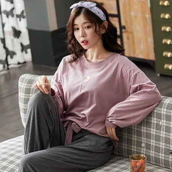Pijamale noi Toamna Femei din Bumbac cu mâneci Lungi Gâtul Rundă Acasă Purta Costum din Două piese coreean Kawaii Solid Pijamale Somn Lounge Purta