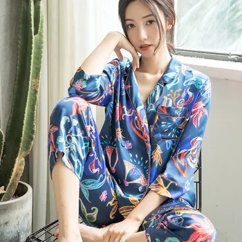 Primăvara Nou cu mâneci Lungi Pijamale pentru Femei Sexy Simulare Silk Cardigan Halat de baie Imprimate Pijama Set Fata Pijama Mujer Două piese