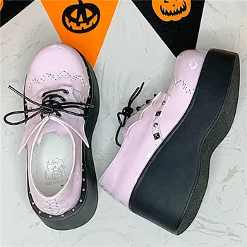 Punk Maid Dress Demonia Platforma pentru Femei Pantofi Mary Janes Roz Negru Rock Gothic Lolita Fete Pană Tocuri inalte Nit Șireturi de Pantofi