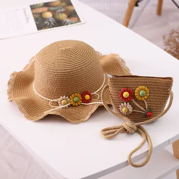 Set de două piese copil copil floarea soarelui panama capac și genți de mână în aer liber prințesă fata de copii paie pălărie de protecție UV pălării capace pungi