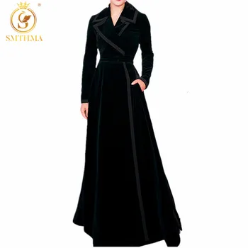 SMTHMA de ÎNALTĂ CALITATE, cele mai Noi 2019 iarna Pistă de Moda Designer de trenci ofițeresc Femei catifea Neagră haină lungă