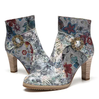 SOCOFY Femei Stil Elegant Glezna Cizme de Piele Flori Pânză Despicare de Metal Cataramă Pantofi cu Toc Pantofi Casual botas de mujer