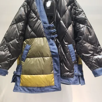 Stil chinezesc mediu-lung disc catarama contrast de culoare retro jos jacheta Femei de 90% alb rață jos supradimensionate împletit în Jos jacheta