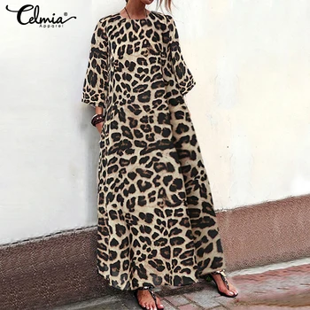 Toamna Femei Lungă Rochie Maxi Vintage Rochie de Leopard de Imprimare 2021 Celmia de sex Feminin Casual O Gâtului Maneca 3/4 Liber Partid Vestidos S-5XL