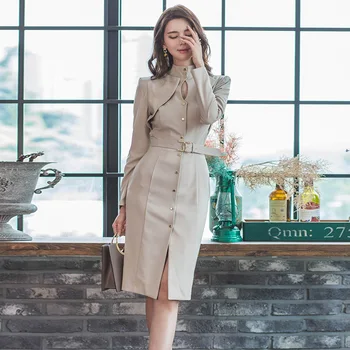 Toamna Stil coreean Sta Maneca Lunga Gol Singur cu Pieptul Mozaic Midi Pur Folie OL Munca de Birou Rochie pentru Femei 2020
