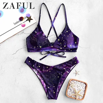 ZAFUL Bikini Galaxy Print Lace-Up Reversibile Bikini Set Curele de Spaghete Criss-Cross Costum de baie Sârmă Gratuit Căptușit Costume de baie 2019