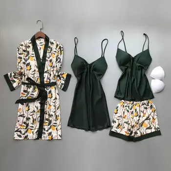 2020 Primavara Toamna Femei Pijamale De Mătase Seturi Cu Tampoane Piept Floare De Imprimare Pijama Sleepwear 4 Bucati Curea De Spaghete Satin Pijamale