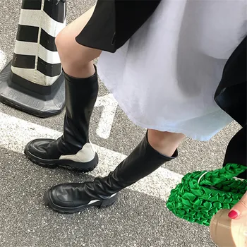 2021 Noi Femeile Slim Fit Elastic Cizme cu Talpă Platformă Pantofi Femei din Piele Moale de la Jumătatea vițel Plat Botas Mujer Toamna Cizme Lungi