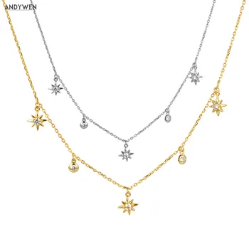 ANDYWEN Argint 925 Aur Zircon CZ Lanț Floare Stea Lanțuri Cravată Colier 2020 Lux Mini Farmec Bijuterii de Cristal