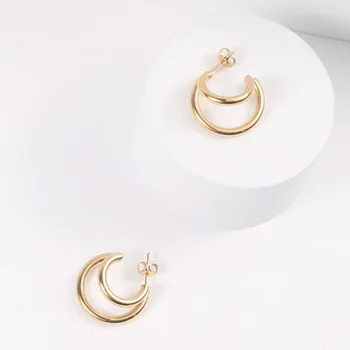 Dublu mic hoop cercei pentru femei din oțel inoxidabil de culoare de aur jumătate C cerc cercei minimalist elegant