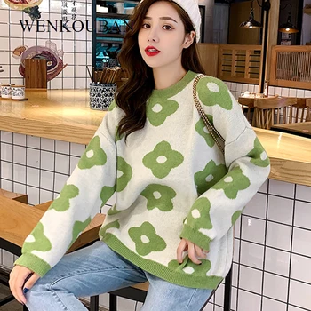 Femei Tricotate Pulover De Iarna Flori Pulovere Femei Pulovere Supradimensionate Epocă Topuri Largi De Sex Feminin Coreeană Trage Femme 2021