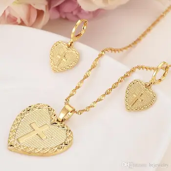 Inima de aur crucea Pandantiv Colier sweaterchain Cercei seturi Bijuterii Aur Christian seturi de bijuterii pentru femei fata de cele mai Bune Isus Cadouri