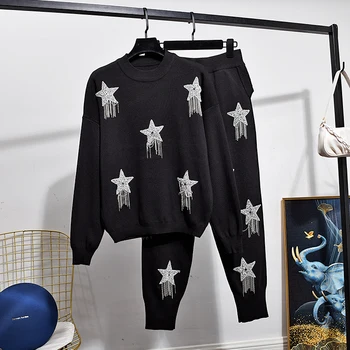 Negru Tricotate Set De Trening Femei Cu Diamant Lanț Tassel Pulover Pulover Pantaloni Lungi Două Piese Tinutele Lejere De Tricotat Costum De Sex Feminin