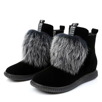 Noua Moda Real Blană de Vulpe Decor Real piele de Vacă din Piele Mata Cizme groase de Iarna Pantofi Plat Non-alunecare de Cald Cizme de Zapada pentru femei Cizme pentru Femei