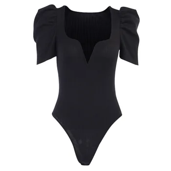 Shestyle V Gât Felinar Manșon Solid Rib-knit Black Slim Butonul Elegant de Epocă Noua Moda cu Maneci Scurte Casual Body Femei
