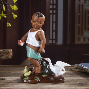 Stil Chinezesc Ceramice Figura Sculptura Arta Figurina Copil Și Rață Statuie De Creație Ceramică Artizanat Decoratiuni Pentru Casa R4206