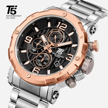 De înaltă calitate de brand de Lux T5 banda din oțel Om designer Quartz, Cronograf rezistent la apa Mens Ceasuri Ceasuri de mana Ceas Sport