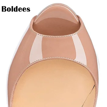 Discount noua moda femei pompe peep toe toc 14cm nud pompe de brevete din piele pantofi cu toc subtire, platforma doamnelor pantofi