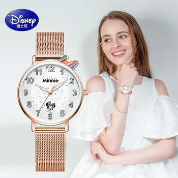 Disney Original Fata Quarz Casual, Ceasuri de mana cu Mickey Mouse Alb, Rose de Aur PU Nou Impermeabil Copii Drăguț Femei Student Cadou Ceas