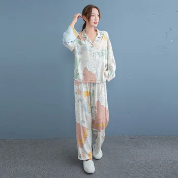 Doamnelor Homewear 2020 Nou Maneca Lunga Pantaloni De Pijama Set Drăguț Harta Imprimare Cardigan Vrac Pijamale Lungi Lenjerie Pijama Feminino