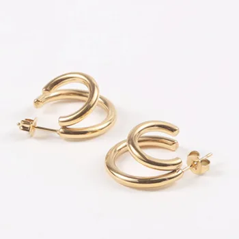 Dublu mic hoop cercei pentru femei din oțel inoxidabil de culoare de aur jumătate C cerc cercei minimalist elegant