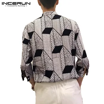 INCERUN Moda Camasa Barbati cu Dungi de Imprimare Respirabil 3/4 Maneca Stand Guler Barbati Tricouri Marca 2021 Stil coreean Streetwear Camisa