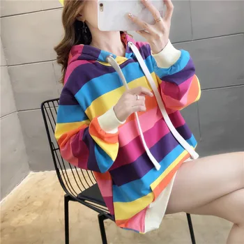 Moda rainbow Tricou Femei hoodies Femei Casual cu Glugă Pulovere Fete Maneca Lunga Primavara Toamna Iarna cu Dungi Plus Dimensiune