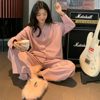 Pijama Seturi Pentru Femei Toamna Solid V-Neck Maneca Lunga Feminino Sleepwear Student De Agrement Stil Japonez Simplu Acasă Vrac Noi Chic