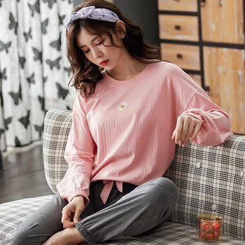 Pijamale noi Toamna Femei din Bumbac cu mâneci Lungi Gâtul Rundă Acasă Purta Costum din Două piese coreean Kawaii Solid Pijamale Somn Lounge Purta