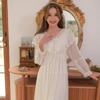 Vintage Tifon Modal Femei de Culoare Albă Lungă Cămăși de noapte Printesa Maneca Lunga, Pijamale Largi Dulce Noapte Rochie de Primavara-Toamna