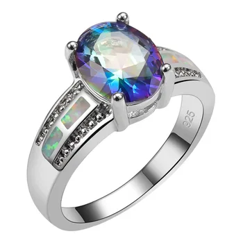 Blue Rainbow Crystal Placat Cu Alb Opal De Foc Argint 925 Cantitate Mare Inel Bijuterii Frumoase Dimensiune 6 7 8 9 10 R1461