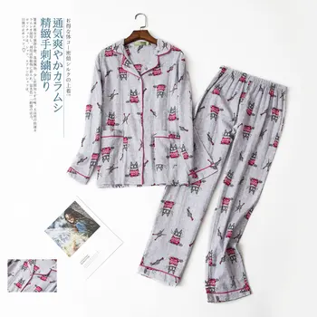 Din bumbac pijama seturi pentru femei Primavara toamna Japoneză casual carouri din bumbac plus dimensiune pijamale femei, pijamale