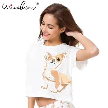 Drăguț tricou Femei Chihuahua de Imprimare Somn Top Crop Topuri Câine Vara Topuri Largi Maneci Scurte Plus Dimensiune S-XXL Pijamale de Bumbac T61013