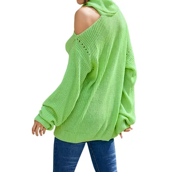 Femeile Noua Toamna Supradimensionate Verde Tricotat Pe Umăr Guler Solide În Vrac Pulover Pulover Feminin 2020 Moda Topuri Tricotate