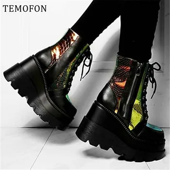 TEMIOFON femei platforma cizme glezna pantofi cu tocuri indesata toamna iarna femei Gotic cizme negre de sex feminin punk pantofi plus dimensiune HVT1498